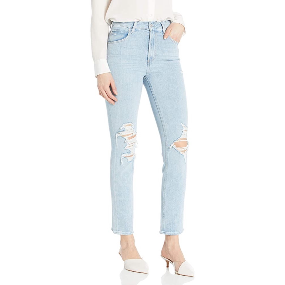 Paige High Rise Sarah Slim Light Wash Distressed Jeans